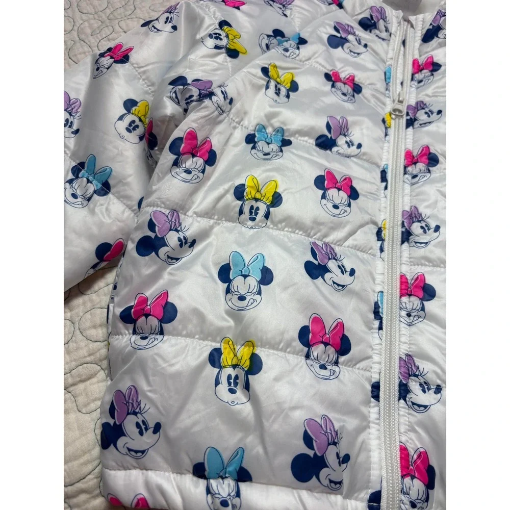Disney Minnie Mouse Puffer Jacket White Multicolor All Over Print Size 3t